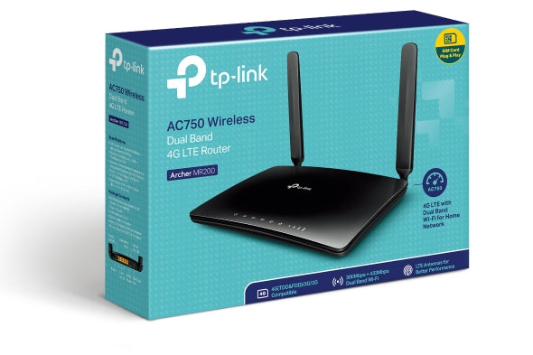 TP-Link Archer MR200 AC750 Wireless Dual Band 4G LTE Router 300Mbps@2.4Ghz,, 433Mbps@5Ghz, 4G SIM Slot, WPS Button, 2 Antennas